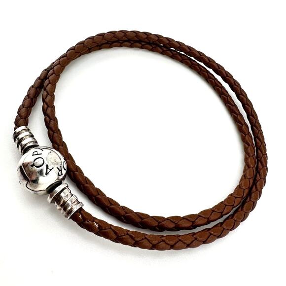 Pandora 925 Sterling Silver Medium Brown Braided Leather Wrap Charm 14” Bracelet - Picture 1 of 8